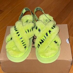 UGG Fluff Yeah Slippers Animalia Lime Green Zebra NWB